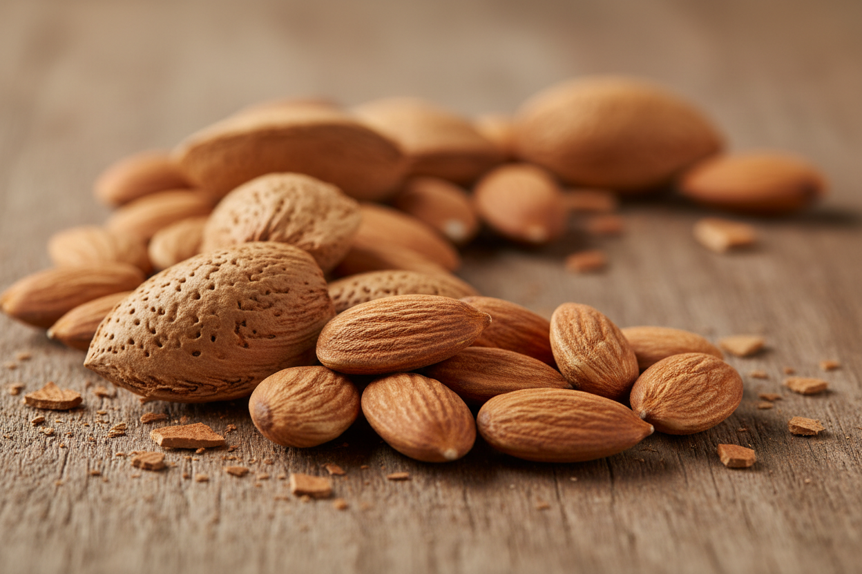 almonds with the shell and without shell, presented as a food close up shot